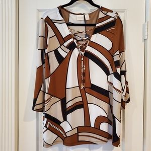 NWOT Chico's Black Brown Tan Modern Print Detailed Neck 3/4 Sleeve Top Size 3